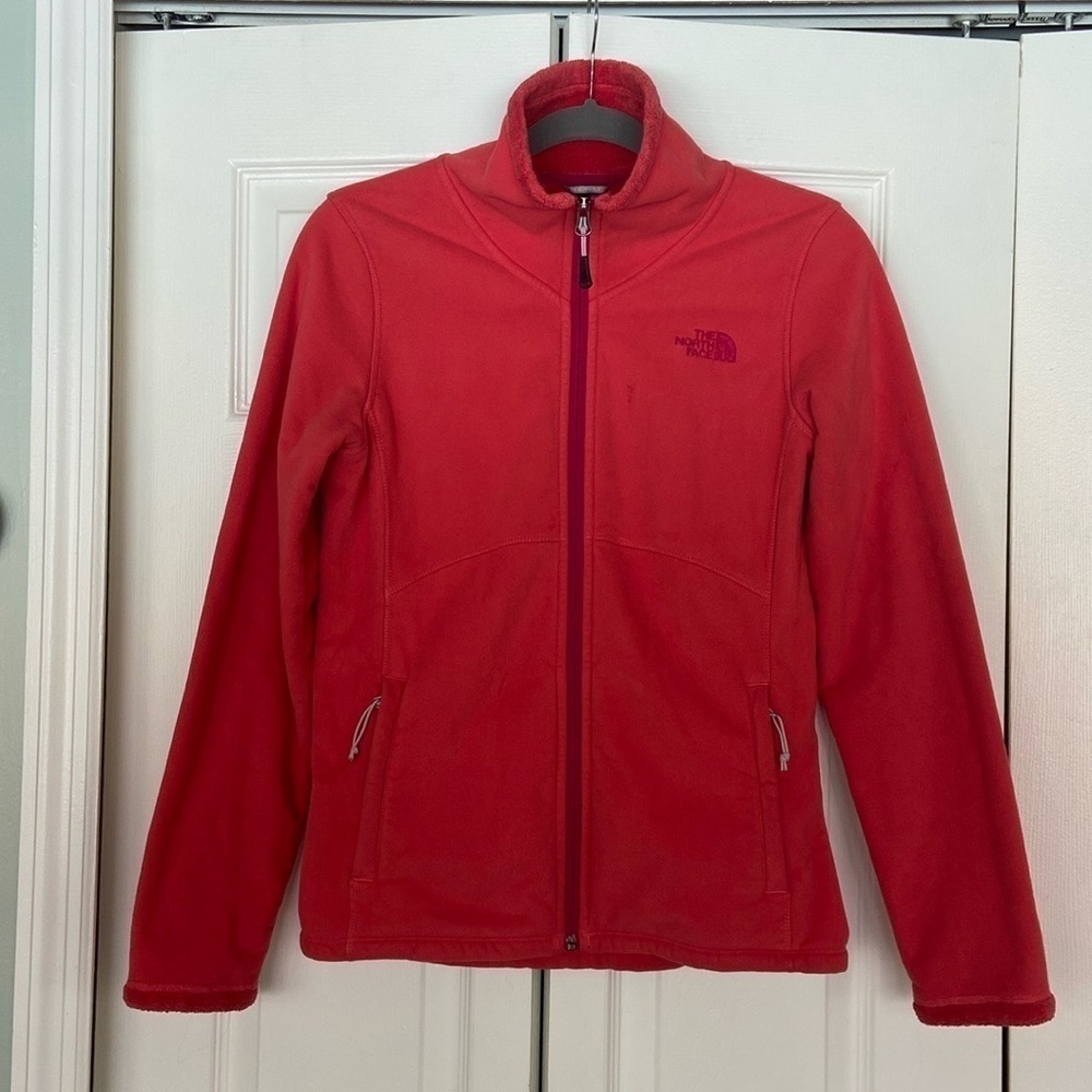 The North Face red orange fleece zip up jacket size S/P